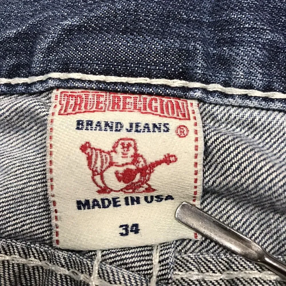 TRUE RELIGION Ricky Jean Men 34(36x28) Light Wash Whisker Distressed Flap Pocket